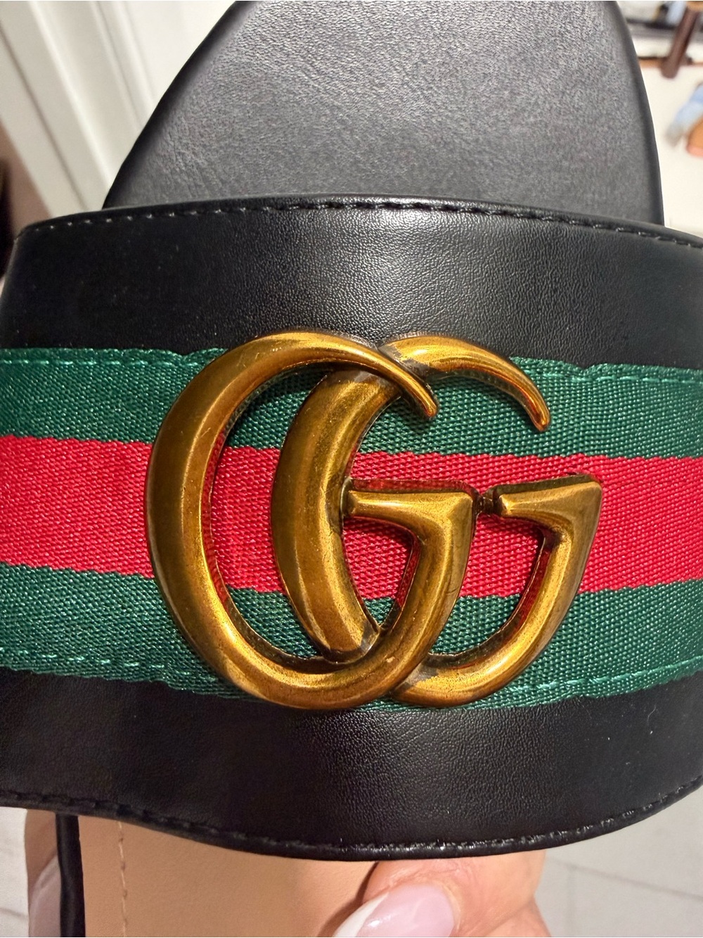Gucci Black Leather Slides with Green and Red Web Stripe & Gold Double G - Picture 4 of 4